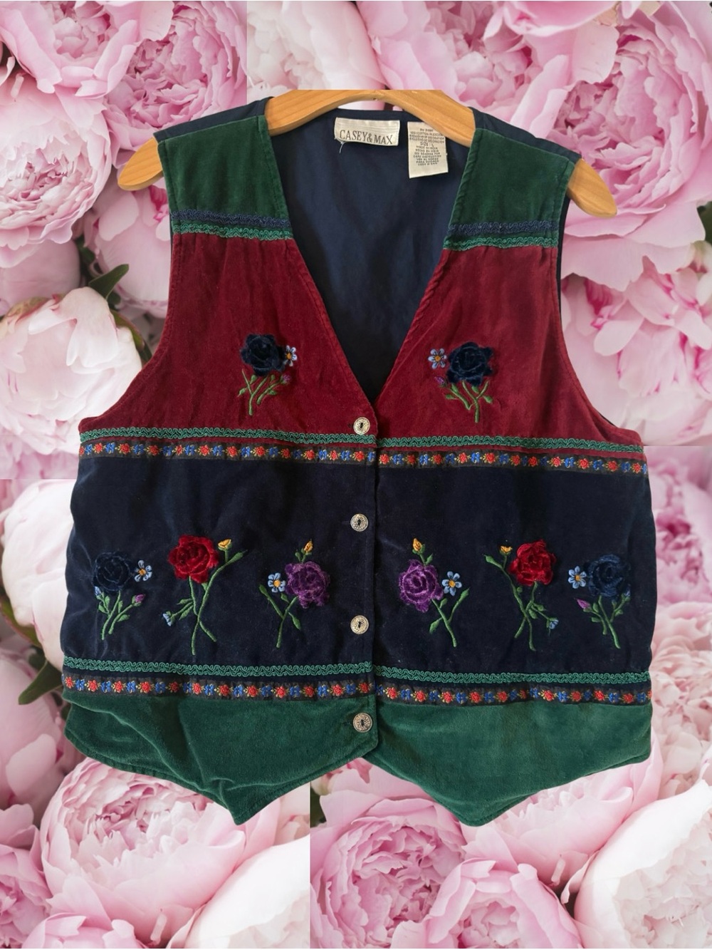 Casey & Max Velvet Colorblock Vest Floral Embroidery Button Down 100% Cotton